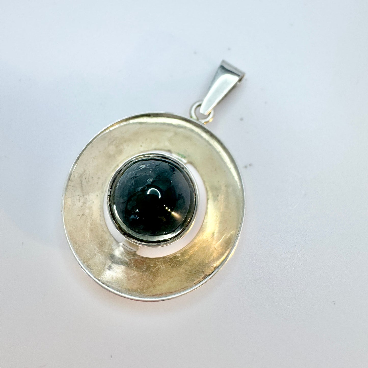 Finland 1960-70s. Vintage Solid Silver Moss Agate Pendant.