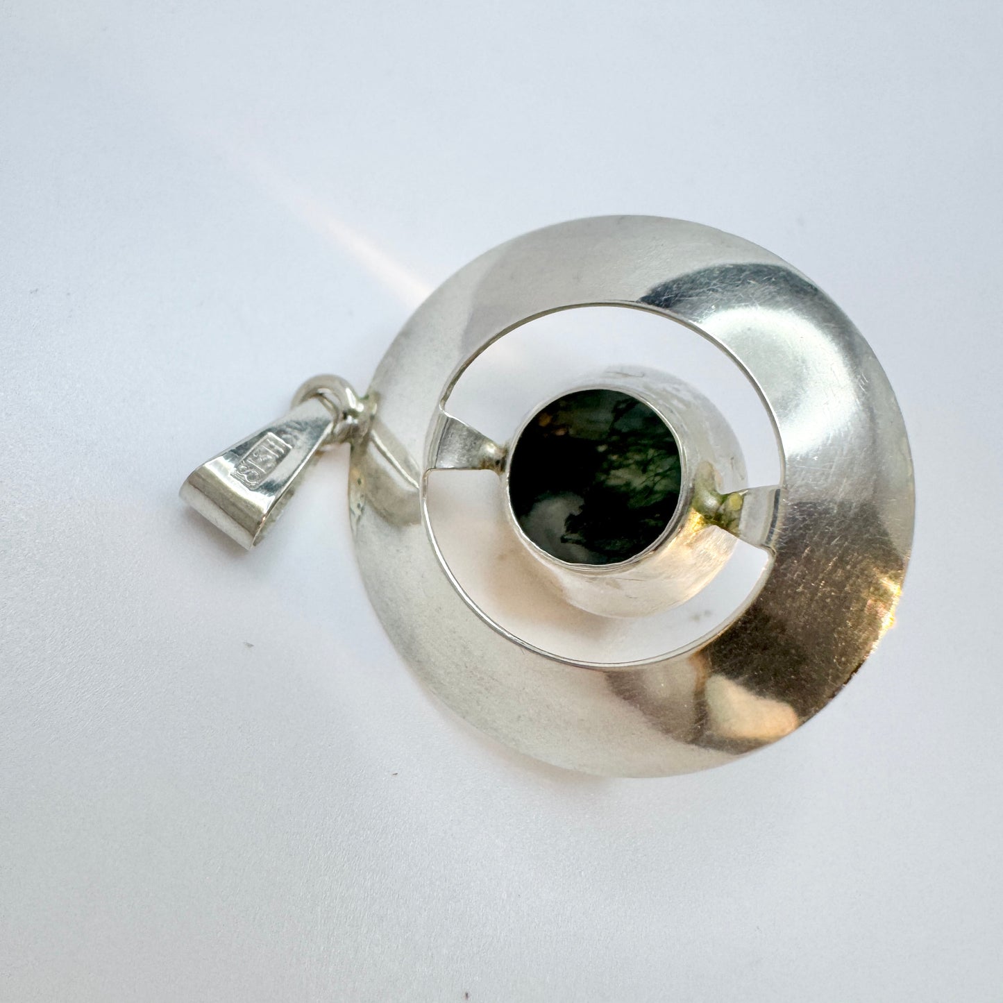 Finland 1960-70s. Vintage Solid Silver Moss Agate Pendant.