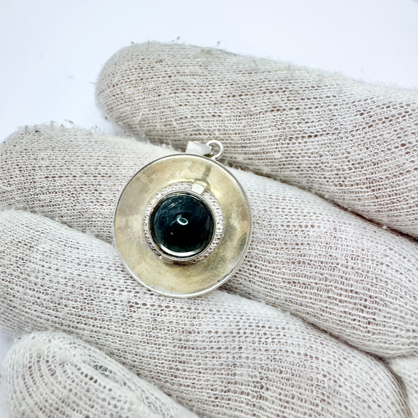 Finland 1960-70s. Vintage Solid Silver Moss Agate Pendant.