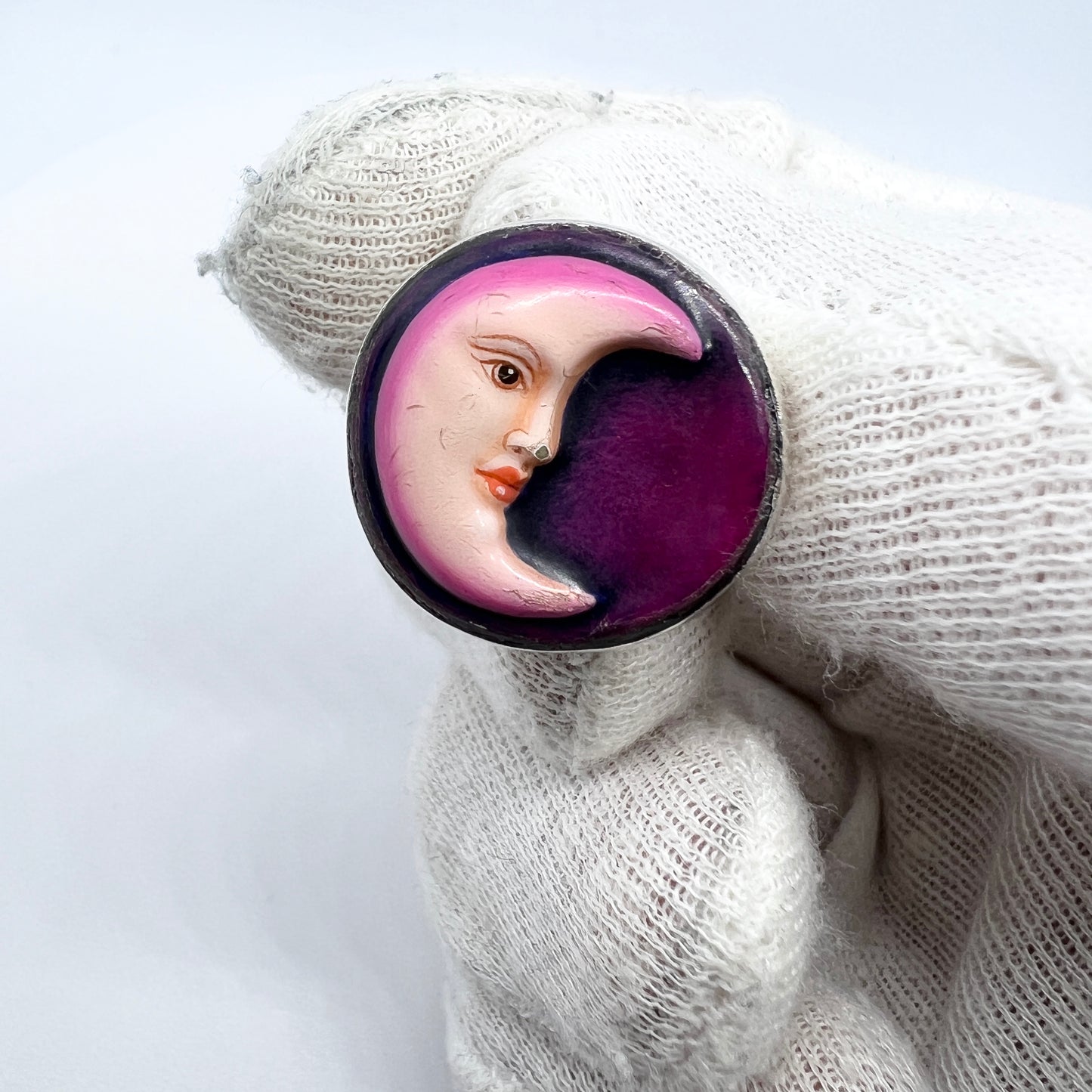 Sergio Bustamante, Mexico. Vintage Sterling Silver Enamel Moon Face Ring.