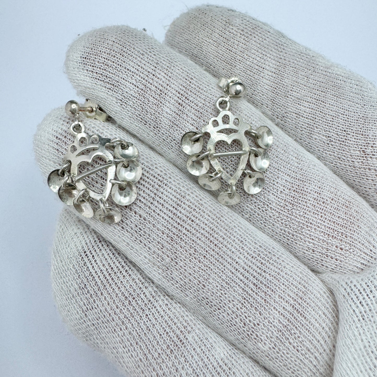 Vintage Sterling Silver Crowned Heart Traditional Scandinavian Earrings.