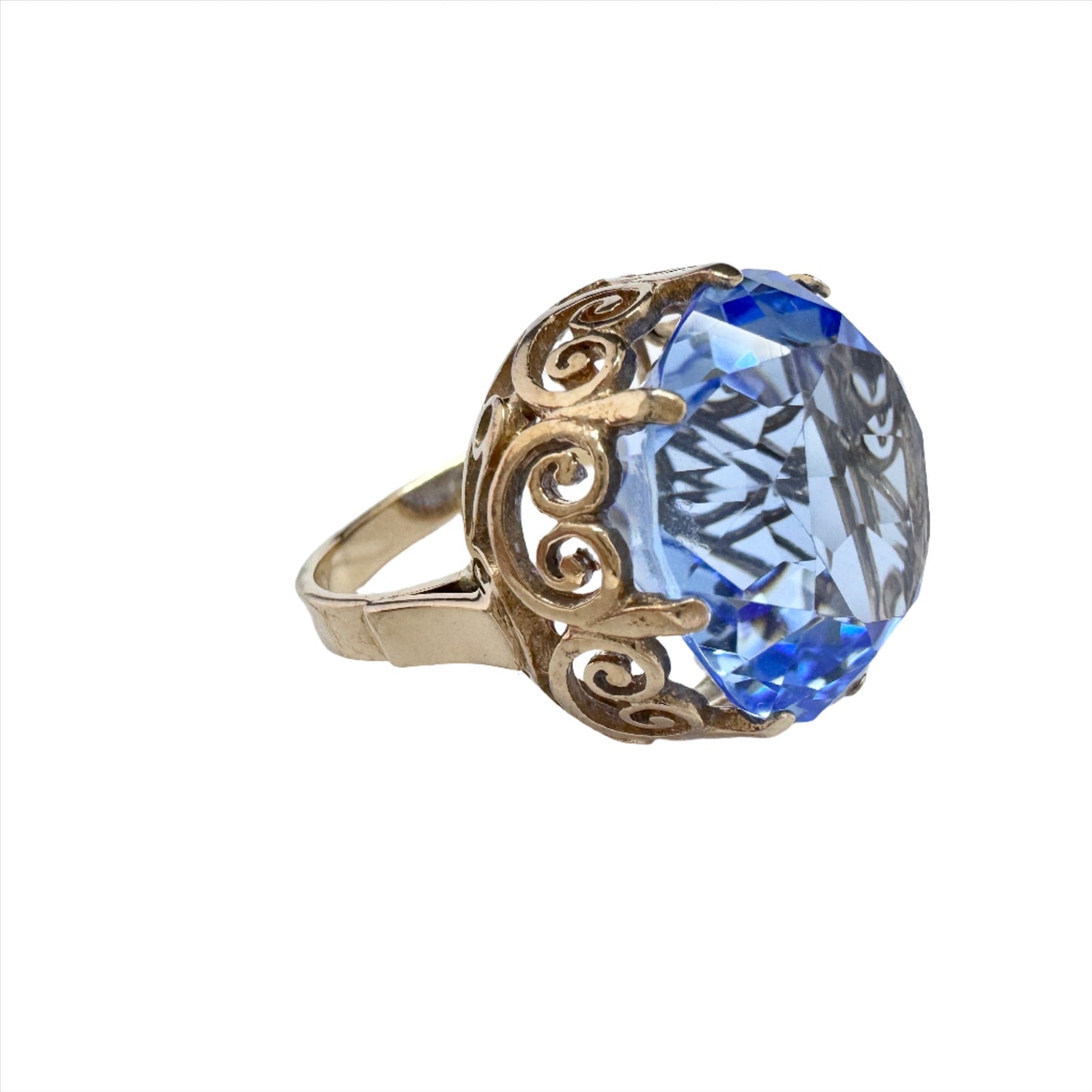 Warsaw Poland 1960-70s. Bold Vintage 14k Gold Synthetic Blue Spinel Ring.