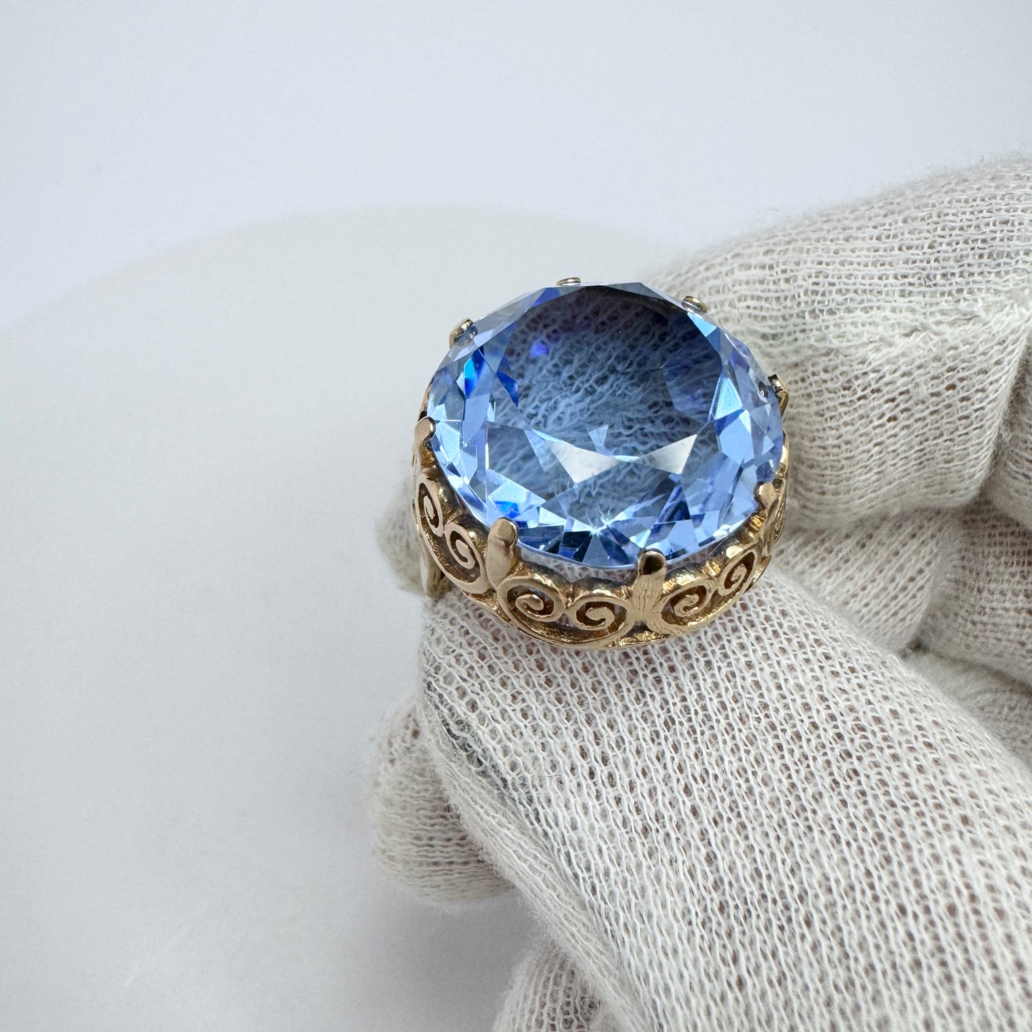 Warsaw Poland 1960-70s. Bold Vintage 14k Gold Synthetic Blue Spinel Ring.