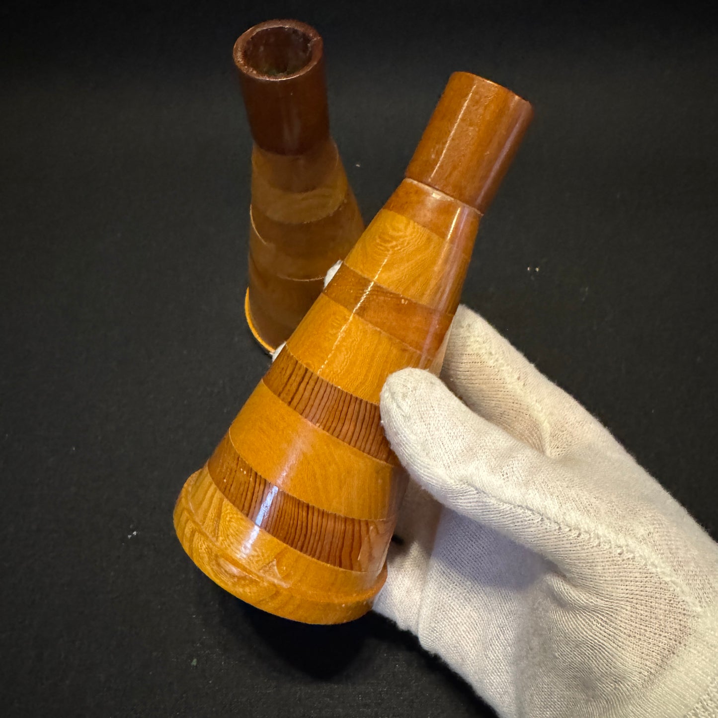 Sweden year 1960. Vintage Mixed Wood Pair of Candlesticks.