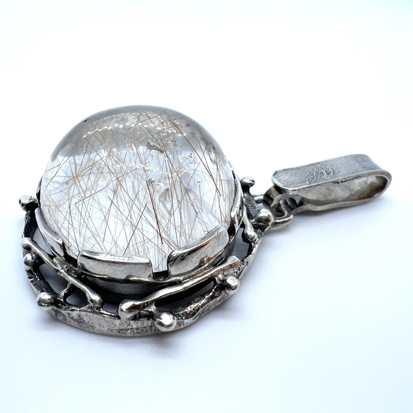 J Klintz, Sweden 1975. Vintage Modernist Sterling Silver Rutilated Quartz Pendant.