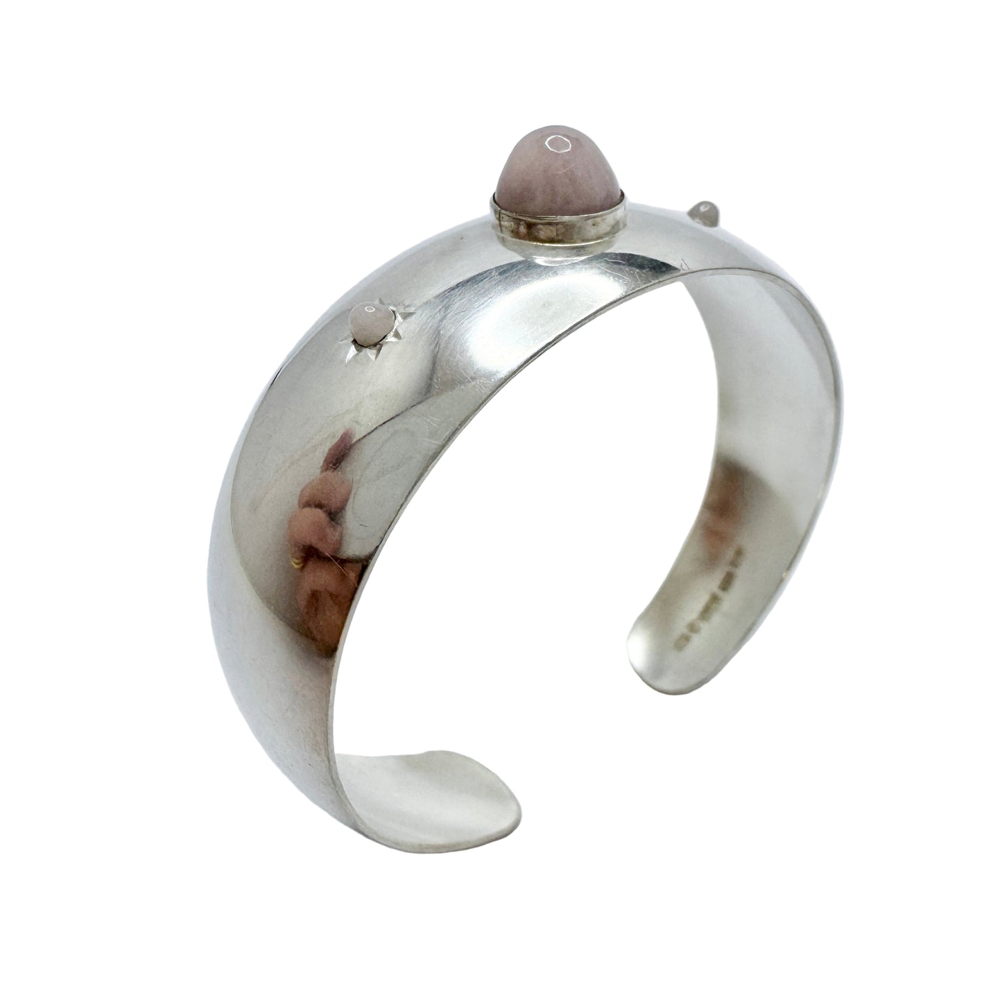 Kello Oy, Finland year 1960. Vintage Solid Silver Rose Quartz Cuff Bracelet.