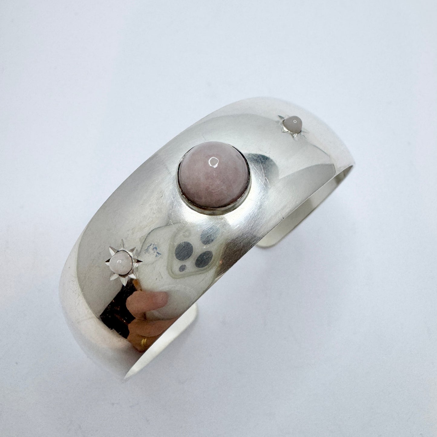 Kello Oy, Finland year 1960. Vintage Solid Silver Rose Quartz Cuff Bracelet.