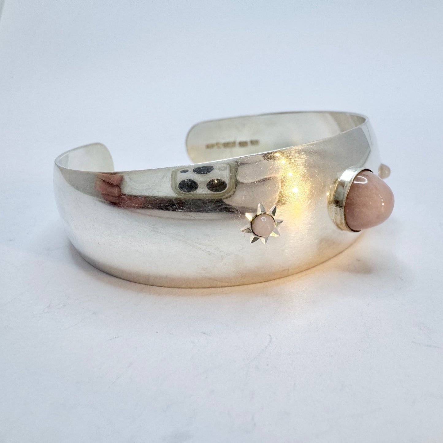 Kello Oy, Finland year 1960. Vintage Solid Silver Rose Quartz Cuff Bracelet.