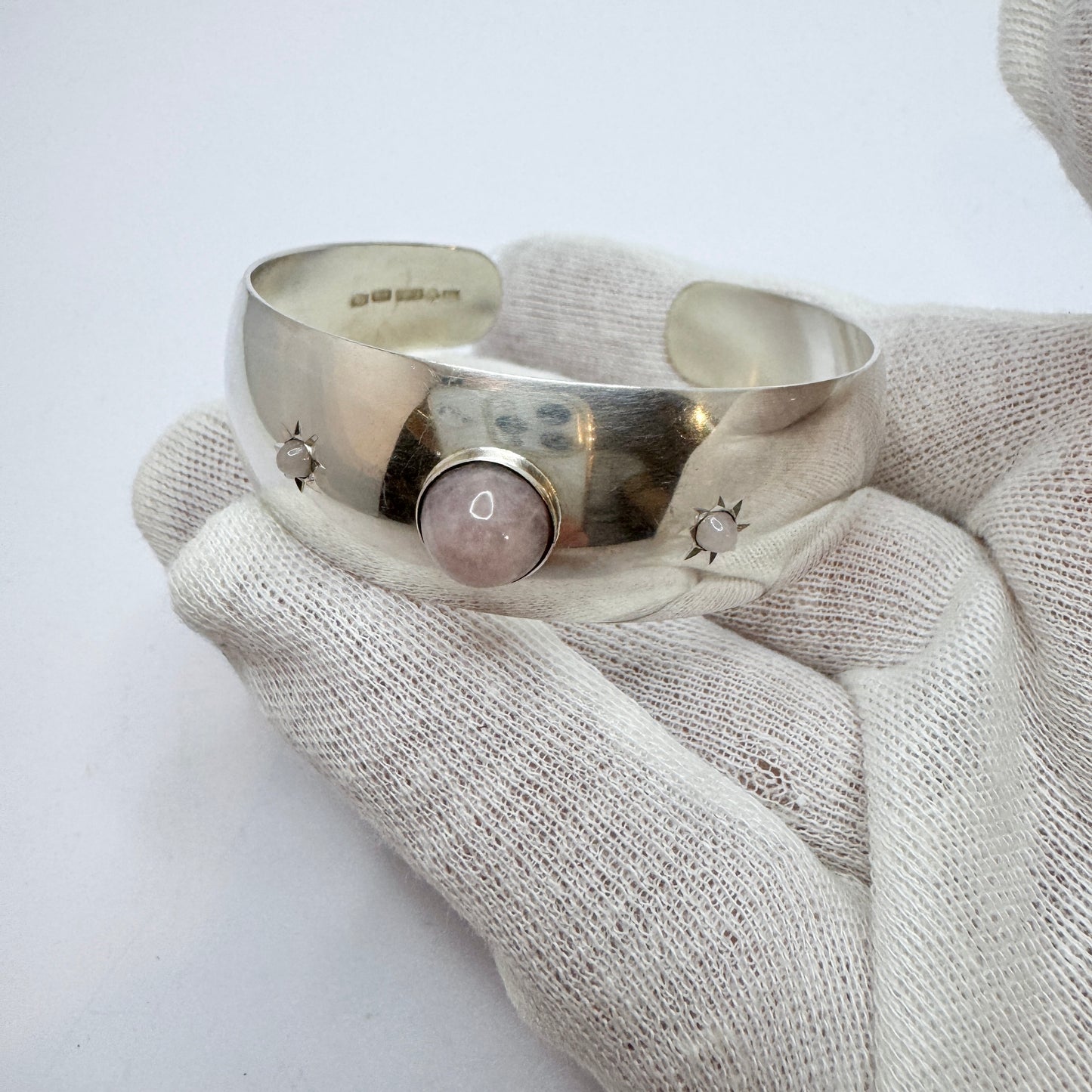 Kello Oy, Finland year 1960. Vintage Solid Silver Rose Quartz Cuff Bracelet.