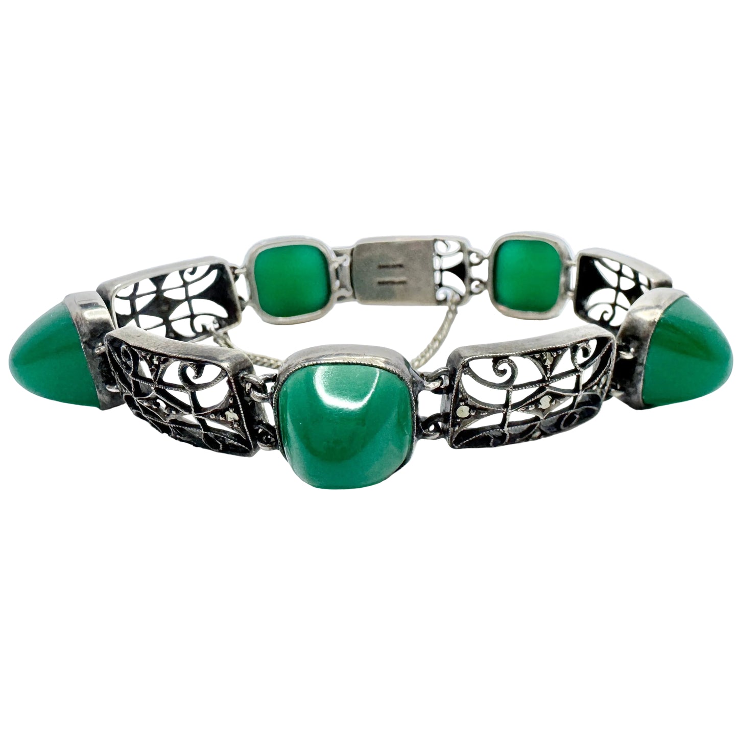 Germany c 1930. Art Deco Sterling Silver Chrysoprase Marcasite Bracelet.