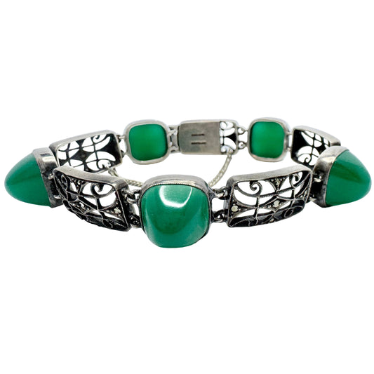 Germany c 1930. Art Deco Sterling Silver Chrysoprase Marcasite Bracelet.