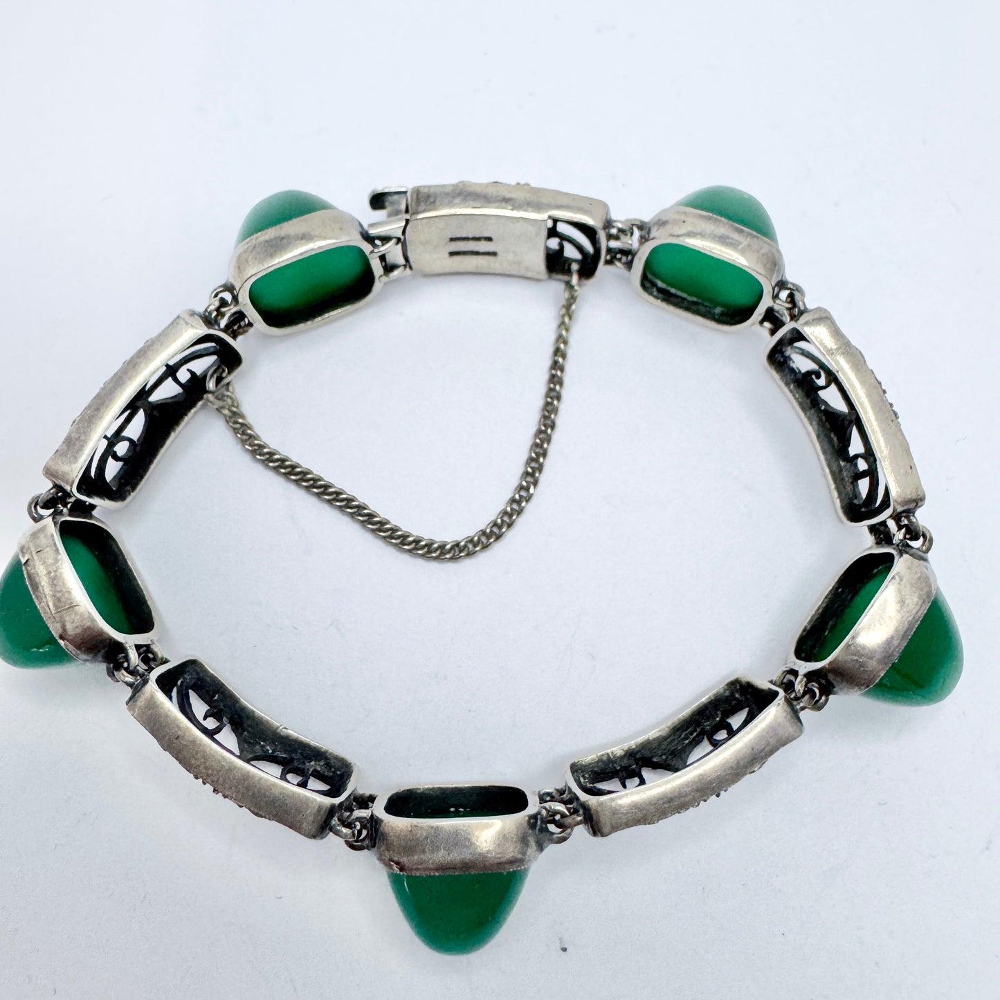 Germany c 1930. Art Deco Sterling Silver Chrysoprase Marcasite Bracelet.