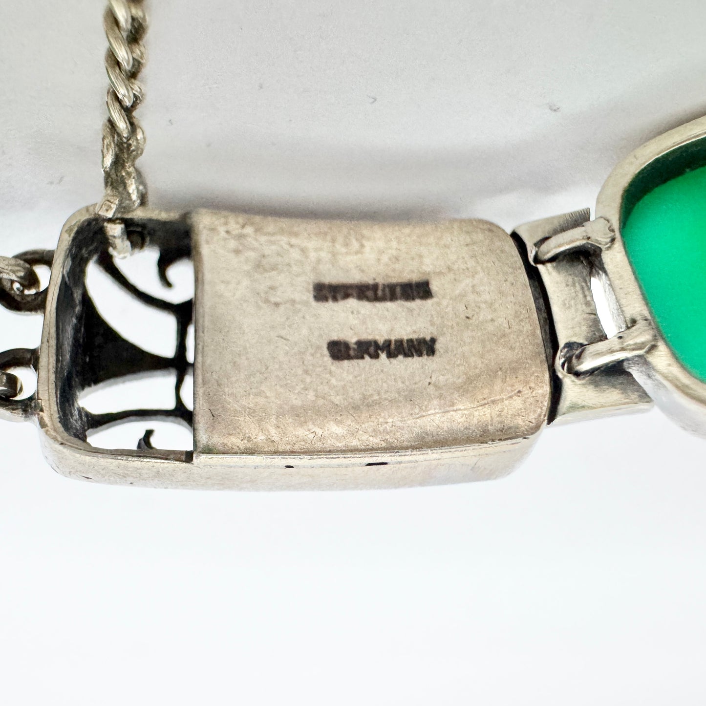 Germany c 1930. Art Deco Sterling Silver Chrysoprase Marcasite Bracelet.