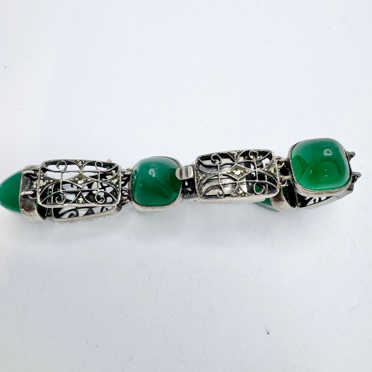 Germany c 1930. Art Deco Sterling Silver Chrysoprase Marcasite Bracelet.