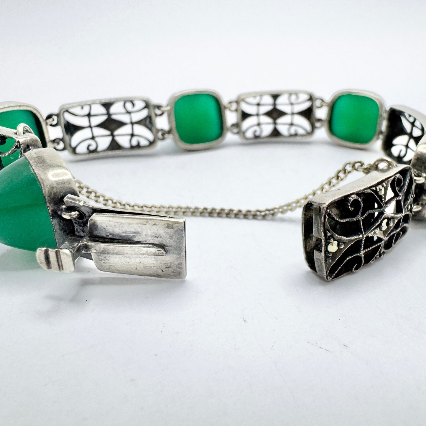 Germany c 1930. Art Deco Sterling Silver Chrysoprase Marcasite Bracelet.