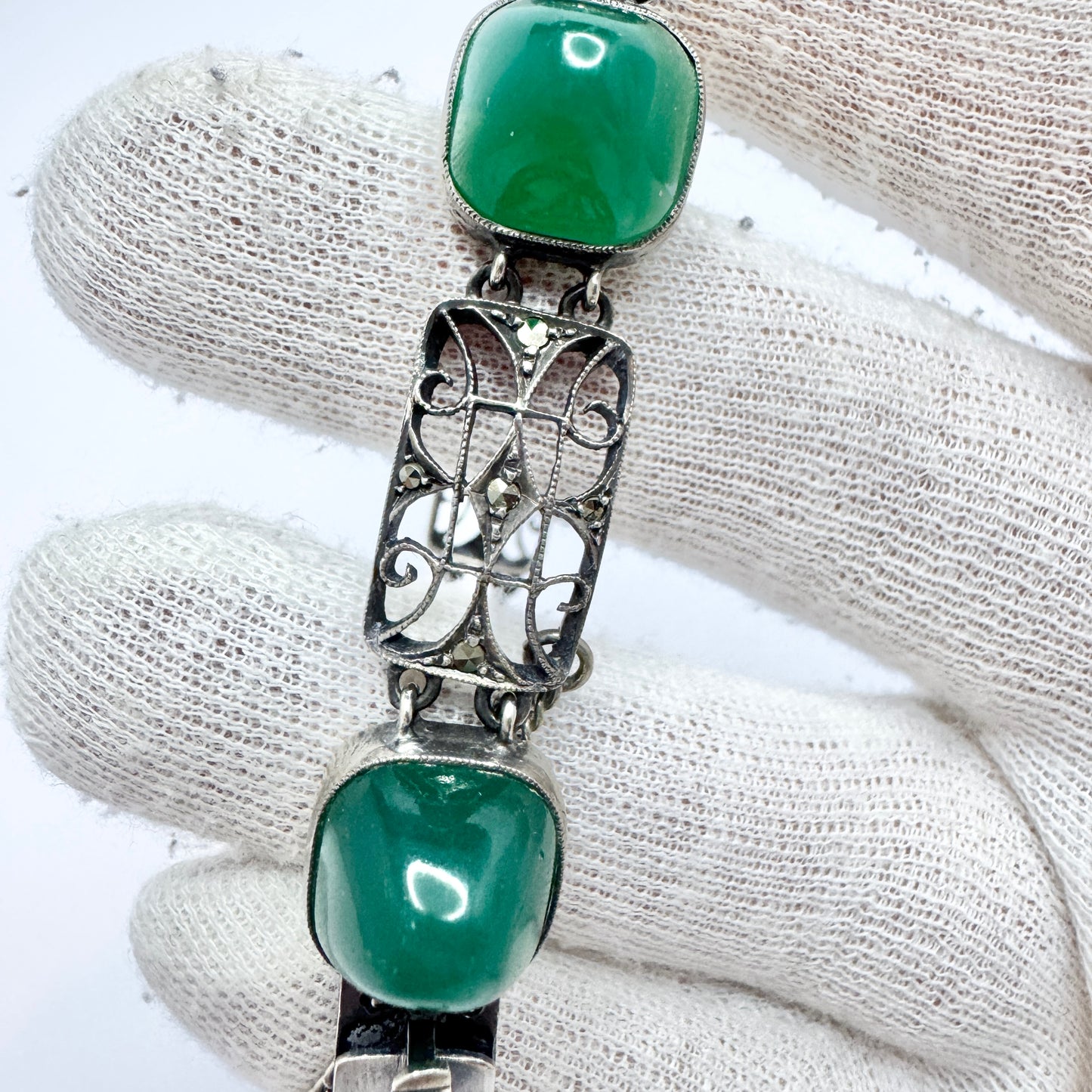 Germany c 1930. Art Deco Sterling Silver Chrysoprase Marcasite Bracelet.
