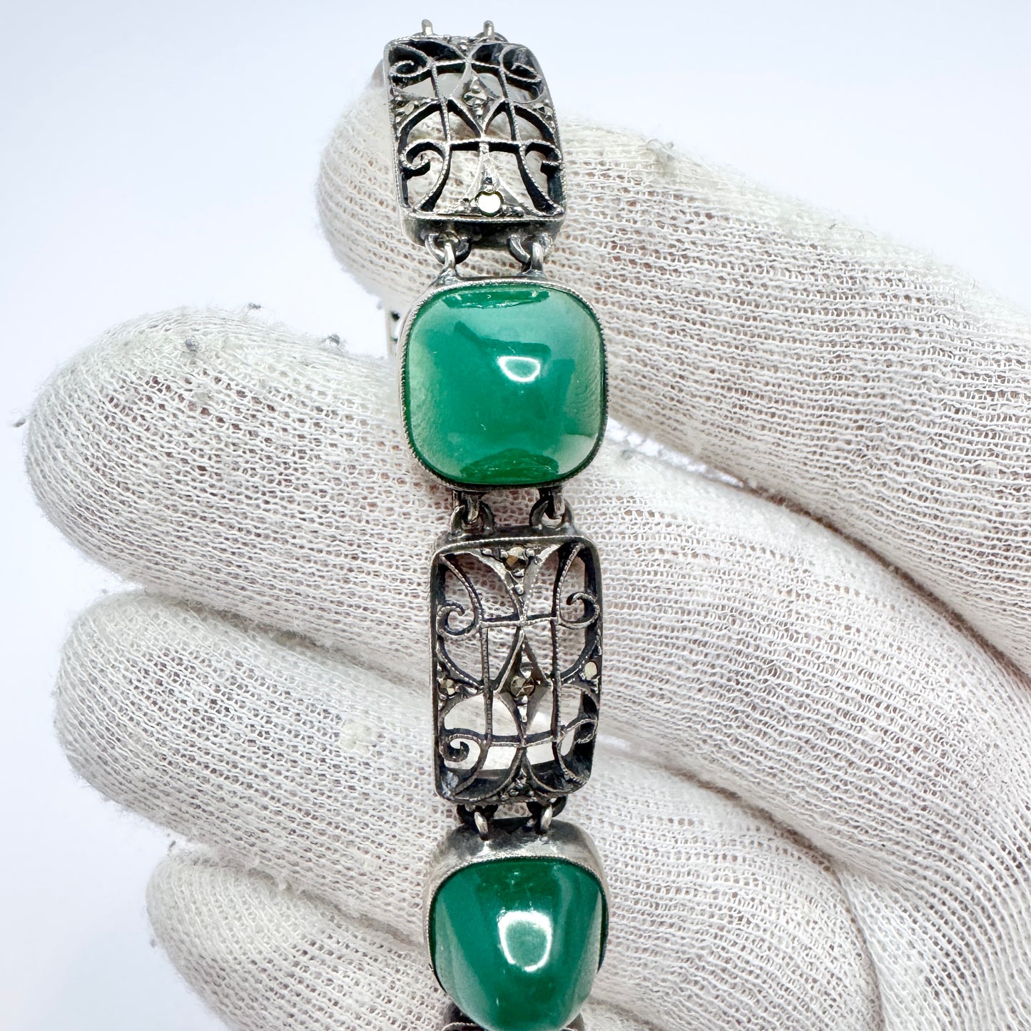 Germany c 1930. Art Deco Sterling Silver Chrysoprase Marcasite Bracelet.