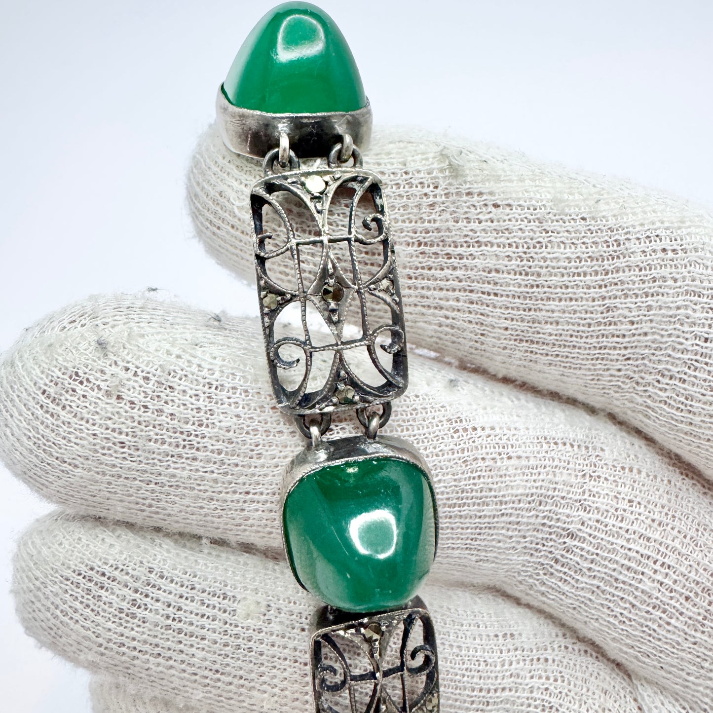 Germany c 1930. Art Deco Sterling Silver Chrysoprase Marcasite Bracelet.