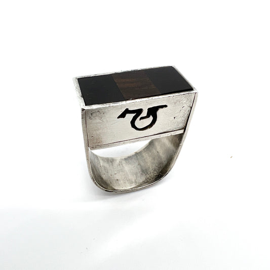 Bold Vintage Sterling Silver Wood Inlay Ring.