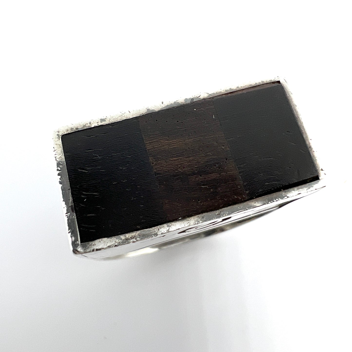 Bold Vintage Sterling Silver Wood Inlay Ring.