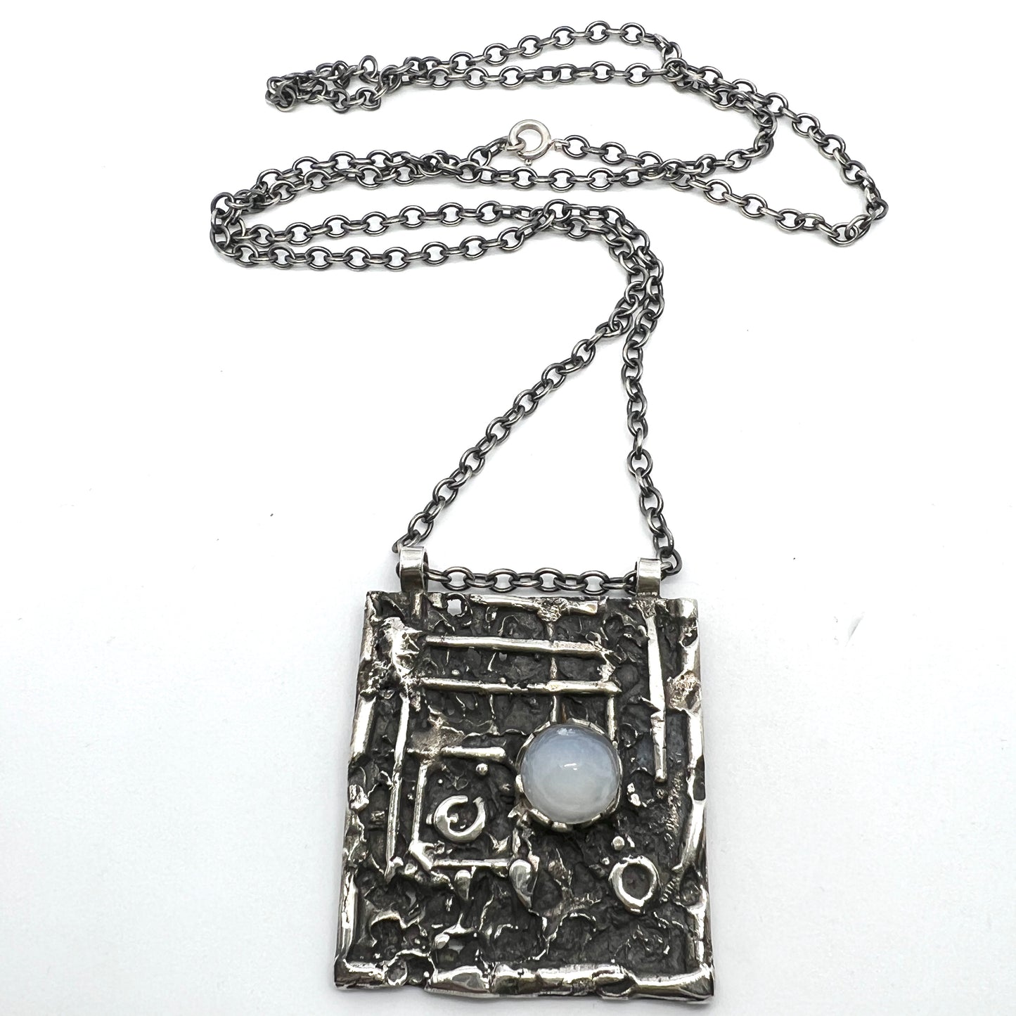 Vintage 1970s Modernist Brutalist Solid Silver Chalcedony Pendant Necklace.