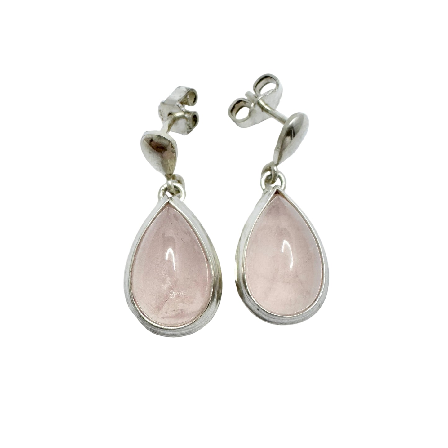 Vintage c 1960s Solid Silver Rose Quartz Drop Earrings.