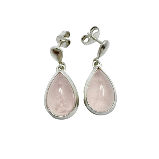 Vintage c 1960s Solid Silver Rose Quartz Drop Earrings.