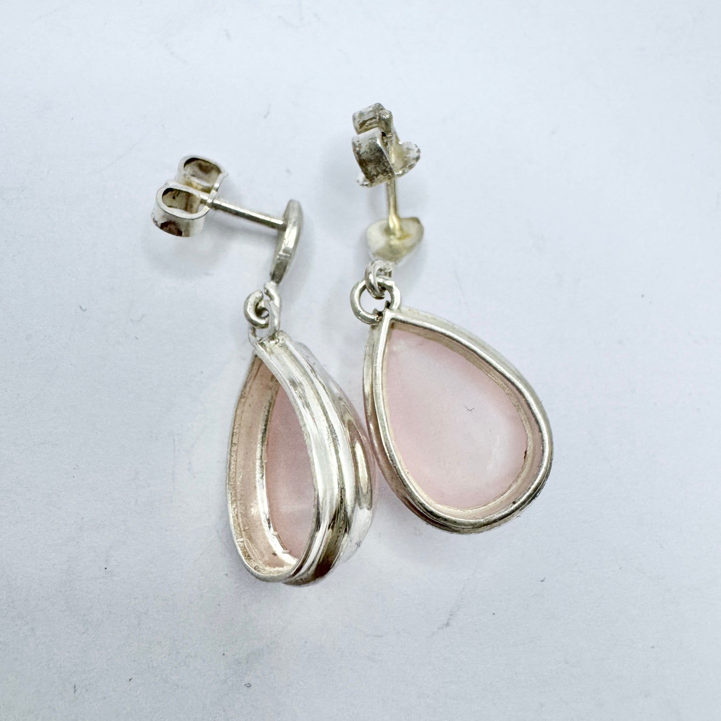 Vintage c 1960s Solid Silver Rose Quartz Drop Earrings.