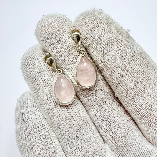 Vintage c 1960s Solid Silver Rose Quartz Drop Earrings.