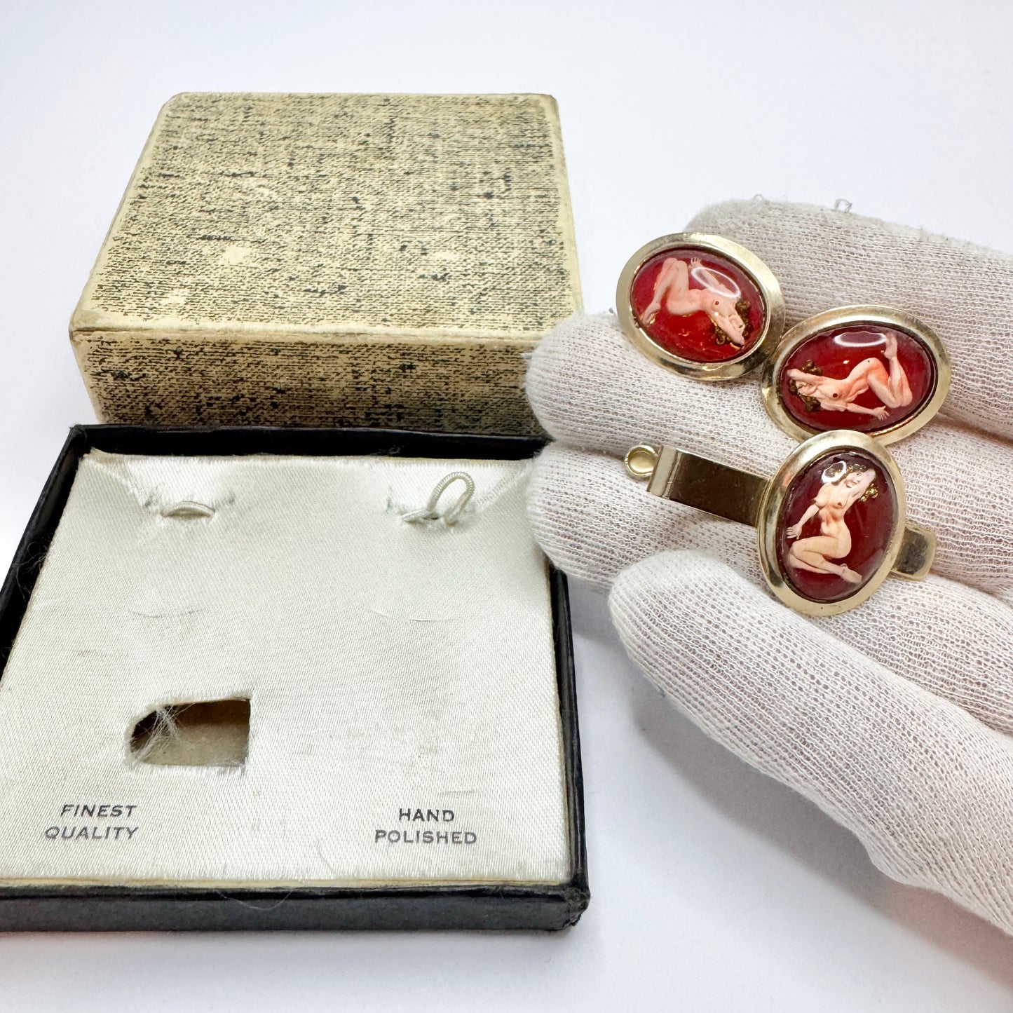 Vintage Pin-up Reverse Painted Crystal Metal Cufflinks and Tie-clip.