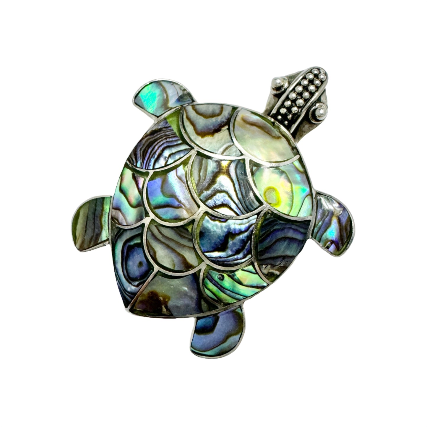 Vintage Sterling Silver Abalone Turtle Brooch Pendant.