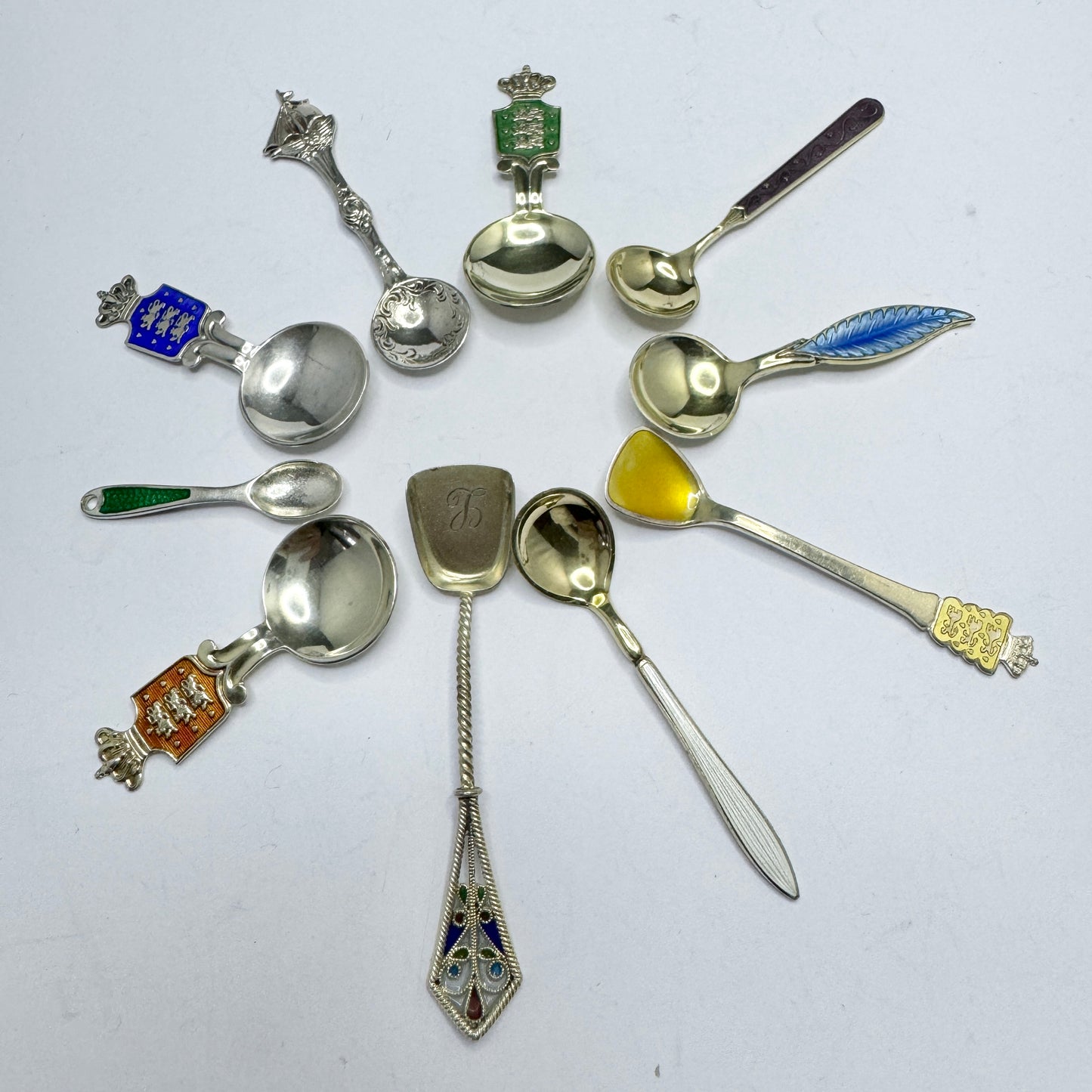 Collection, Vintage Sterling Silver Enamel Salt Spoons. Norway, Denmark.