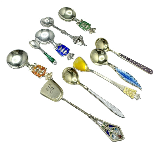 Collection, Vintage Sterling Silver Enamel Salt Spoons. Norway, Denmark.