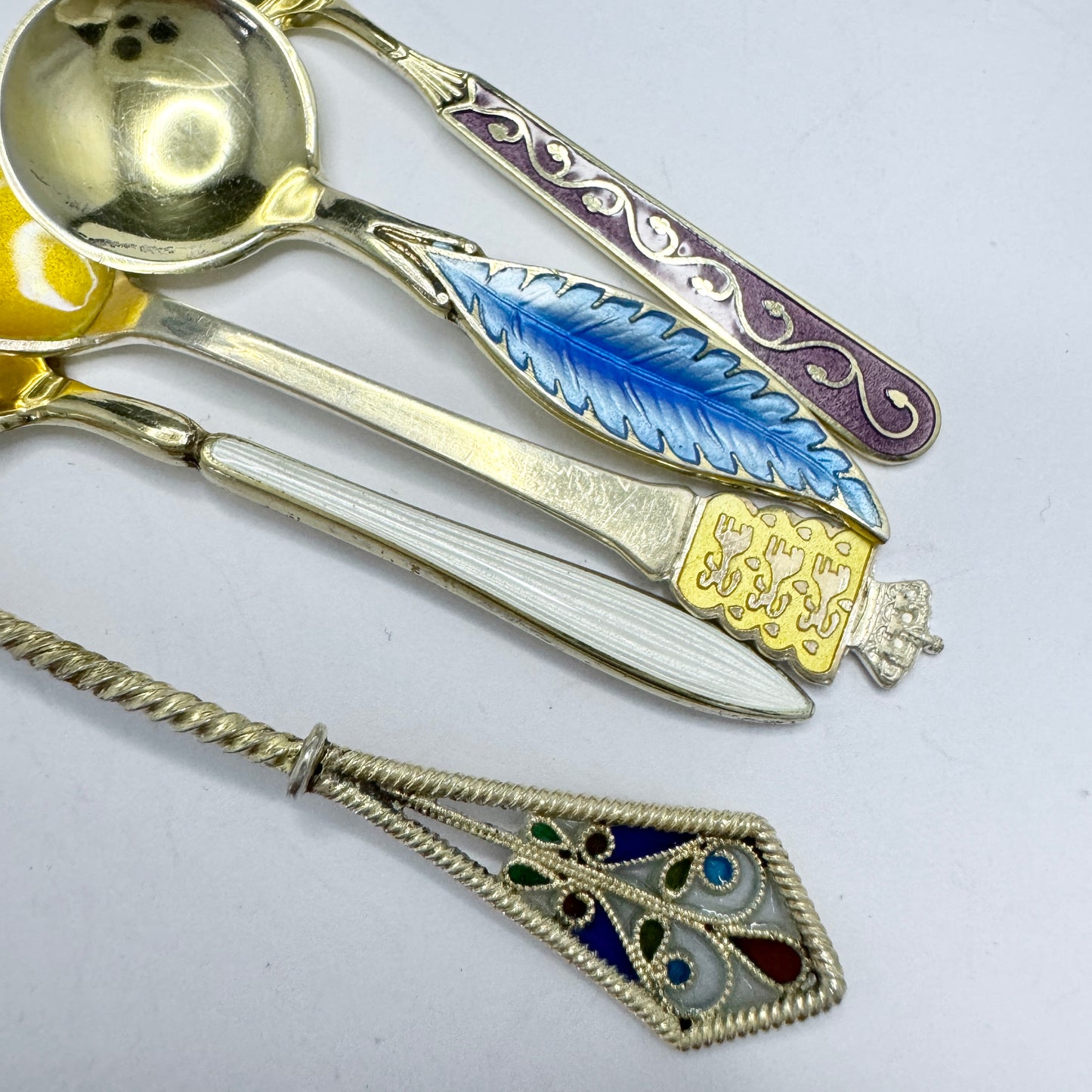 Collection, Vintage Sterling Silver Enamel Salt Spoons. Norway, Denmark.