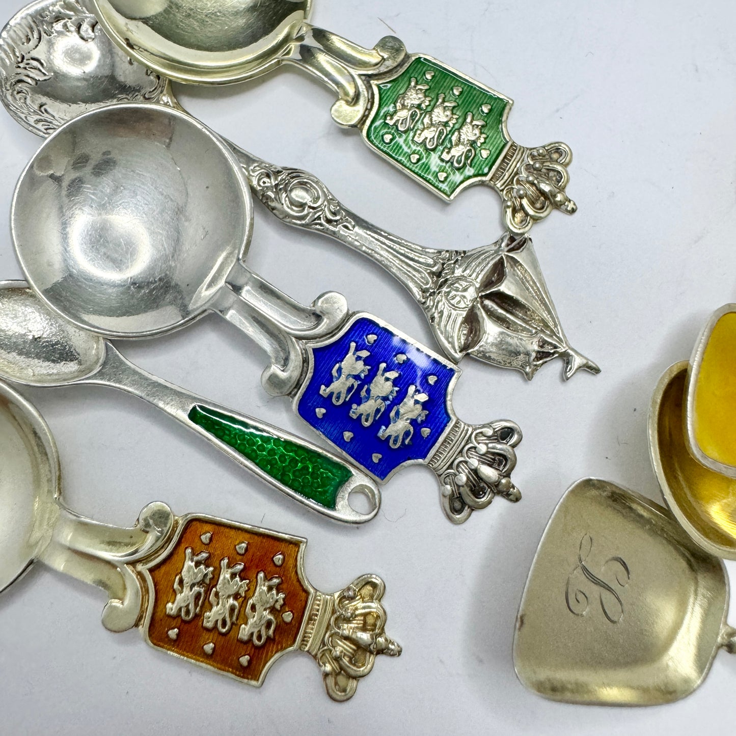 Collection, Vintage Sterling Silver Enamel Salt Spoons. Norway, Denmark.