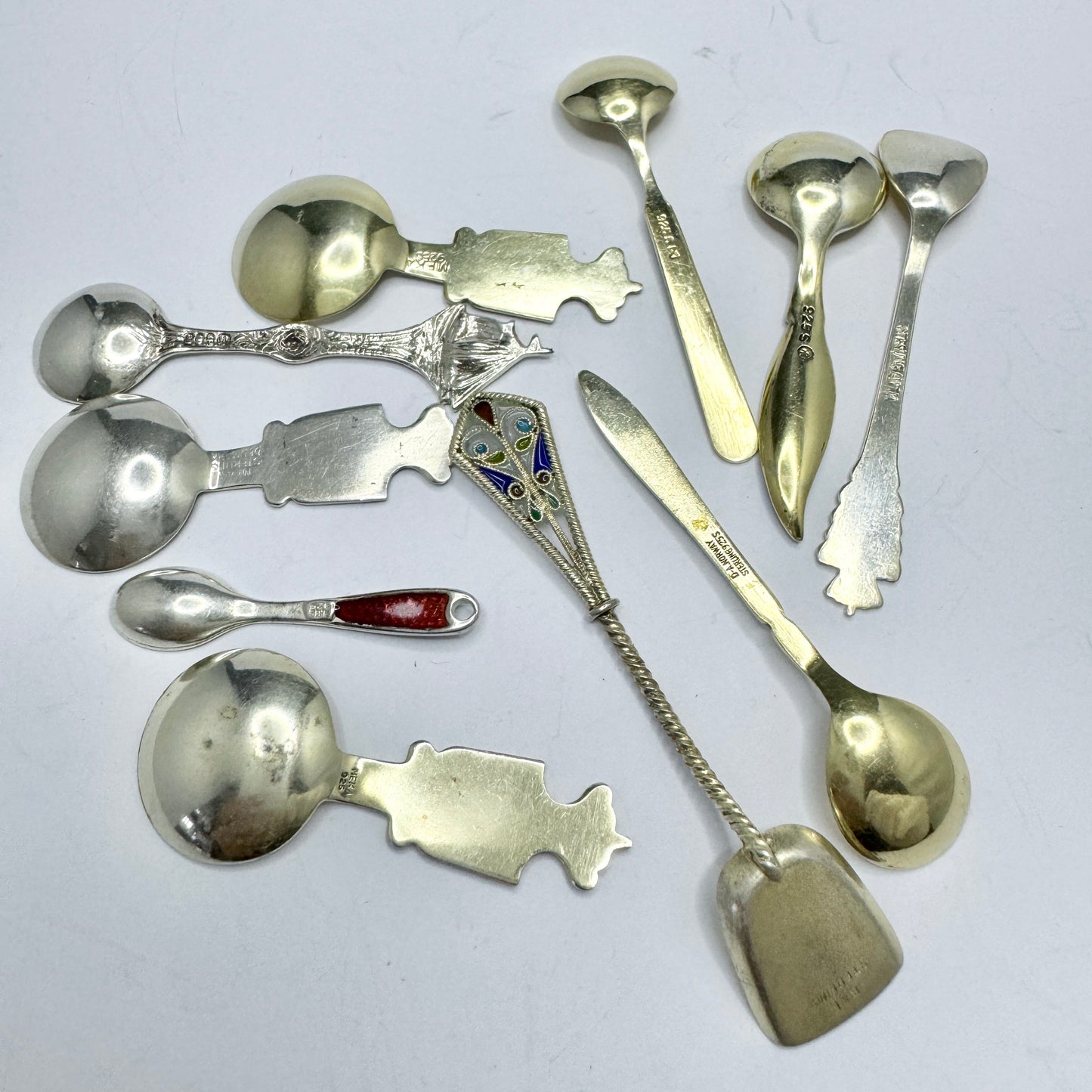 Collection, Vintage Sterling Silver Enamel Salt Spoons. Norway, Denmark.