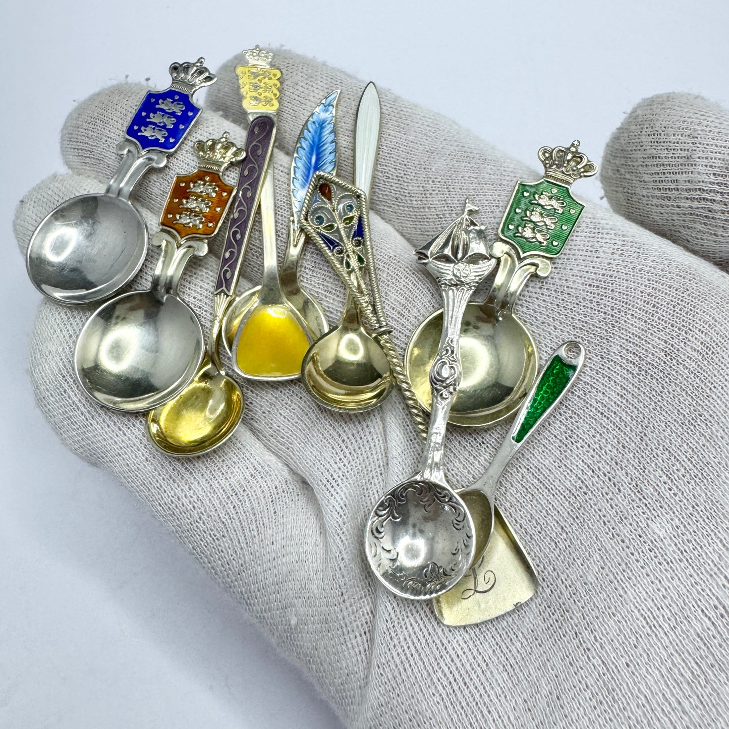 Collection, Vintage Sterling Silver Enamel Salt Spoons. Norway, Denmark.