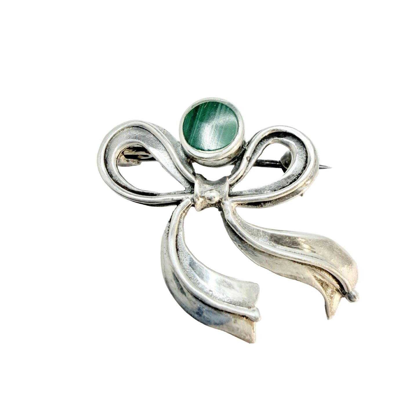 Vintage Sterling Silver Malachite Ribbon Brooch.