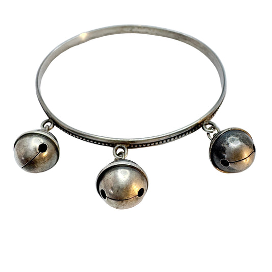 Vintage Solid Silver Bell Charm Bangle Bracelet.