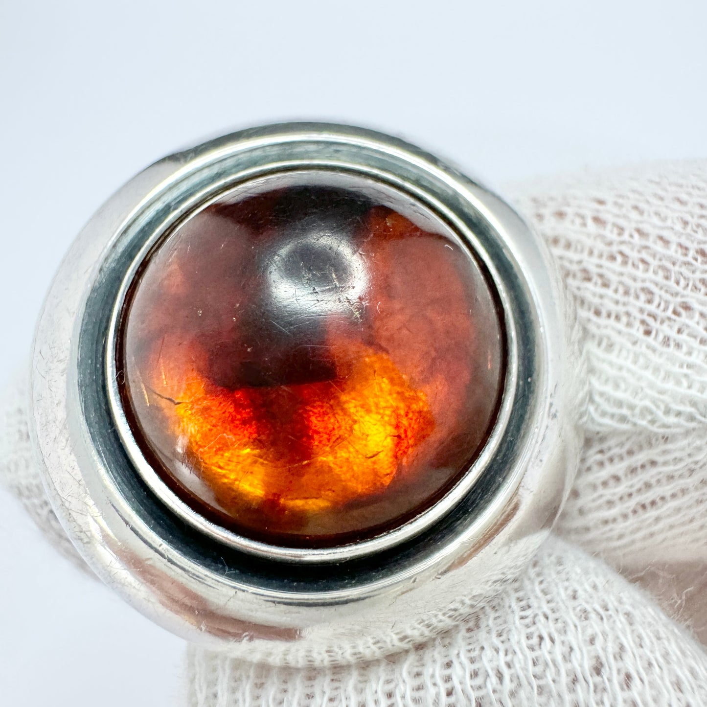 Niels Erik From, Denmark c 1960s. Vintage Sterling Silver Amber Ring.