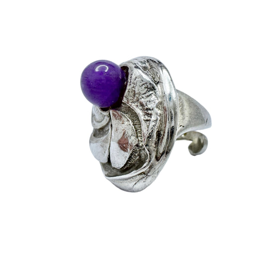 Robbert, Sweden 1975 Bold Vintage Sterling Silver Amethyst Adjustable Ring