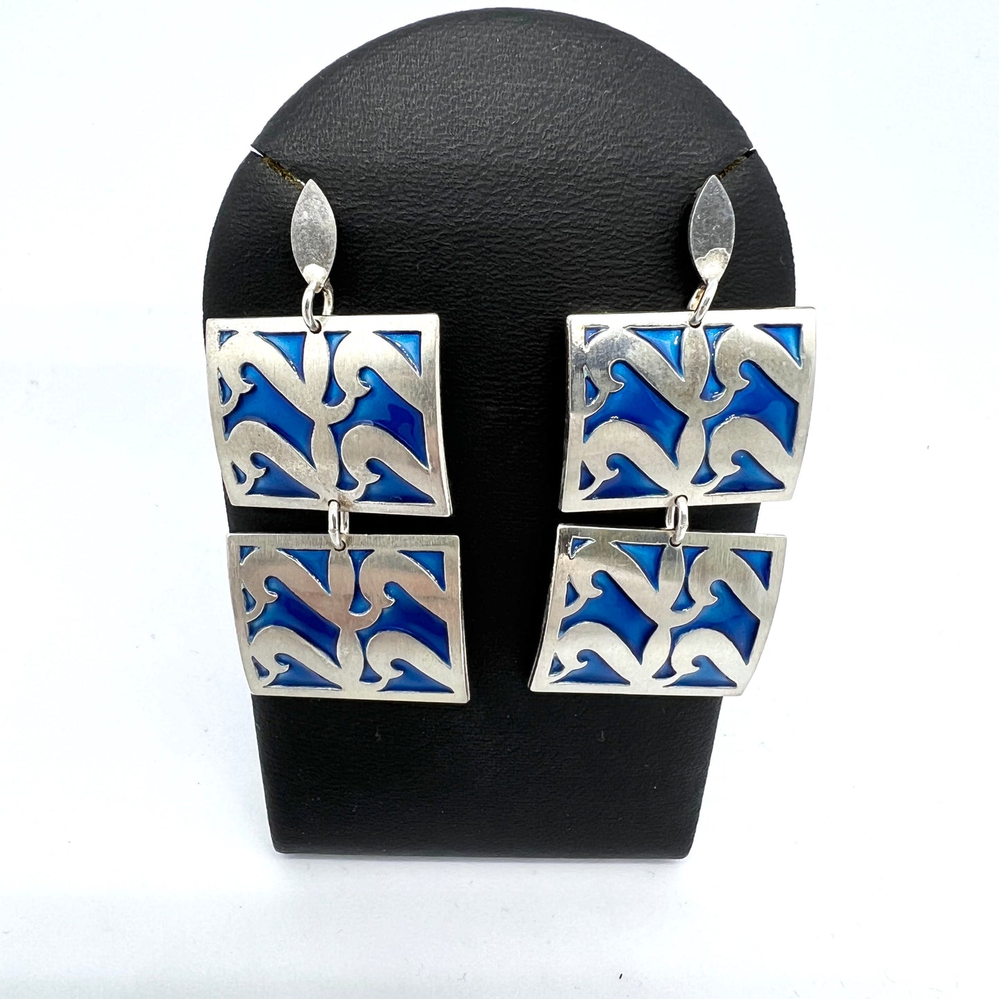 Millie Behrens for David-Andersen, Norway Vintage Large Sterling Silver Blue Enamel Dangle Earrings.