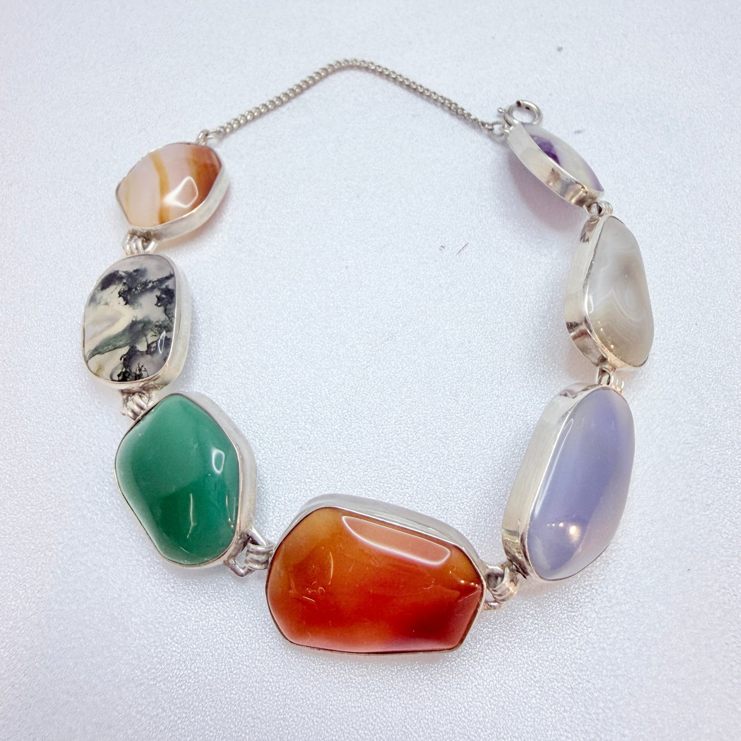 Vintage c 1960s. Solid Silver Agate / Quartz Stones  Bracelet.