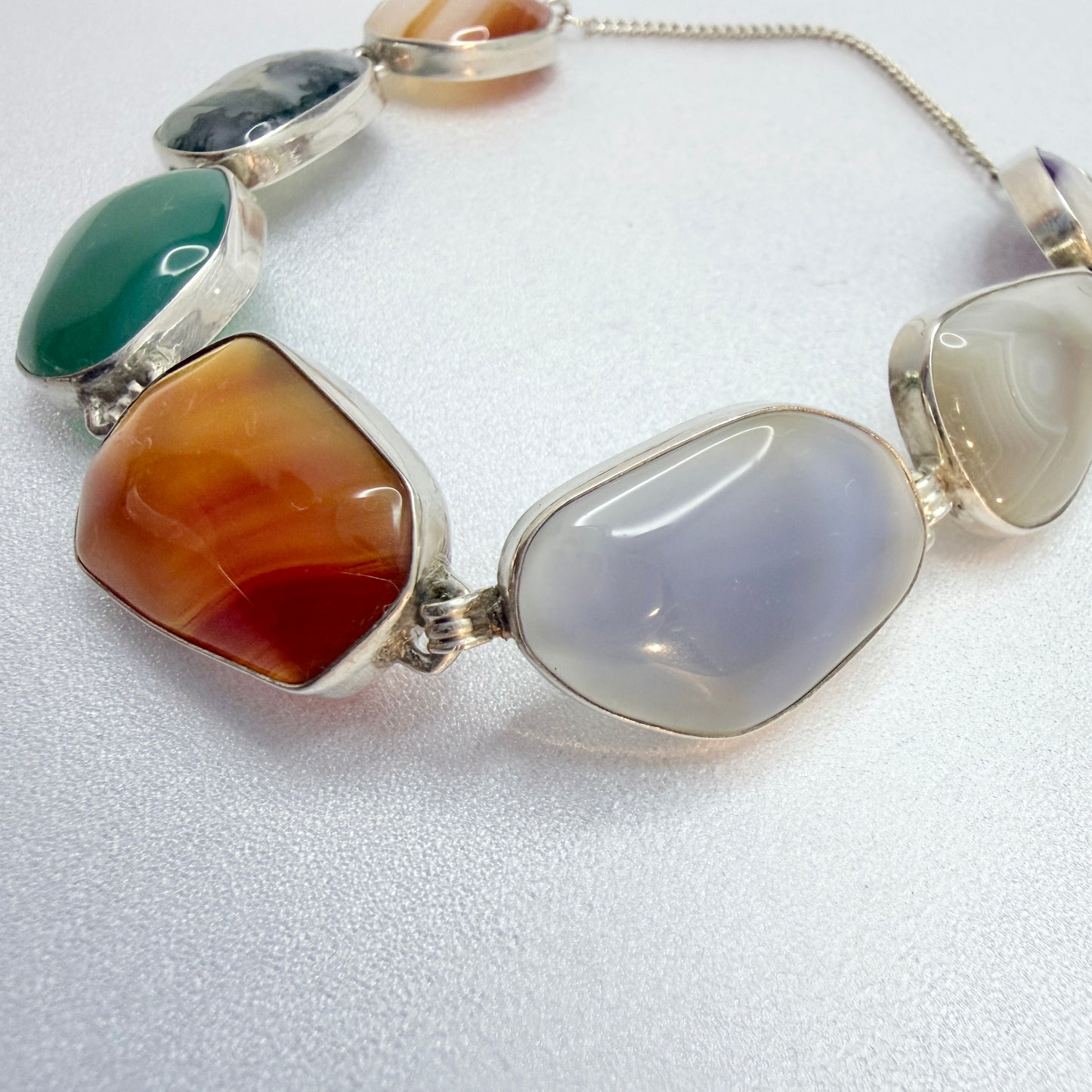 Vintage c 1960s. Solid Silver Agate / Quartz Stones  Bracelet.