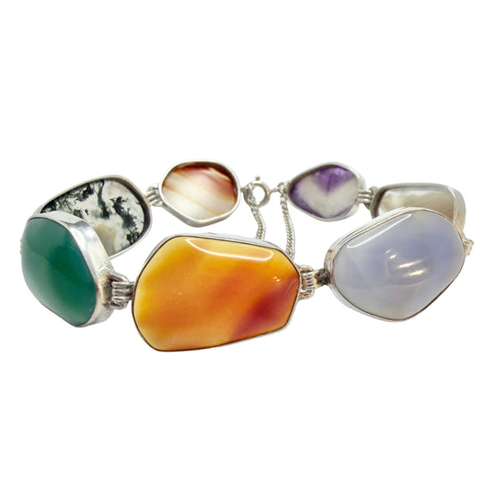 Vintage c 1960s. Solid Silver Agate / Quartz Stones  Bracelet.