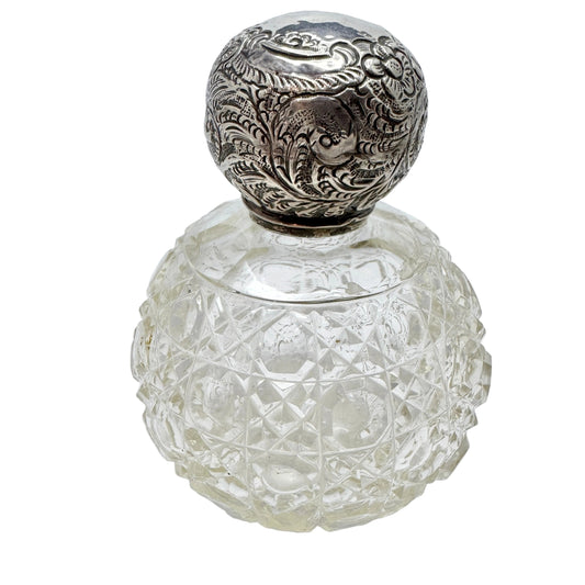 Antique Victorian Silver Top Cut Crystal Perfume Scent Bottle