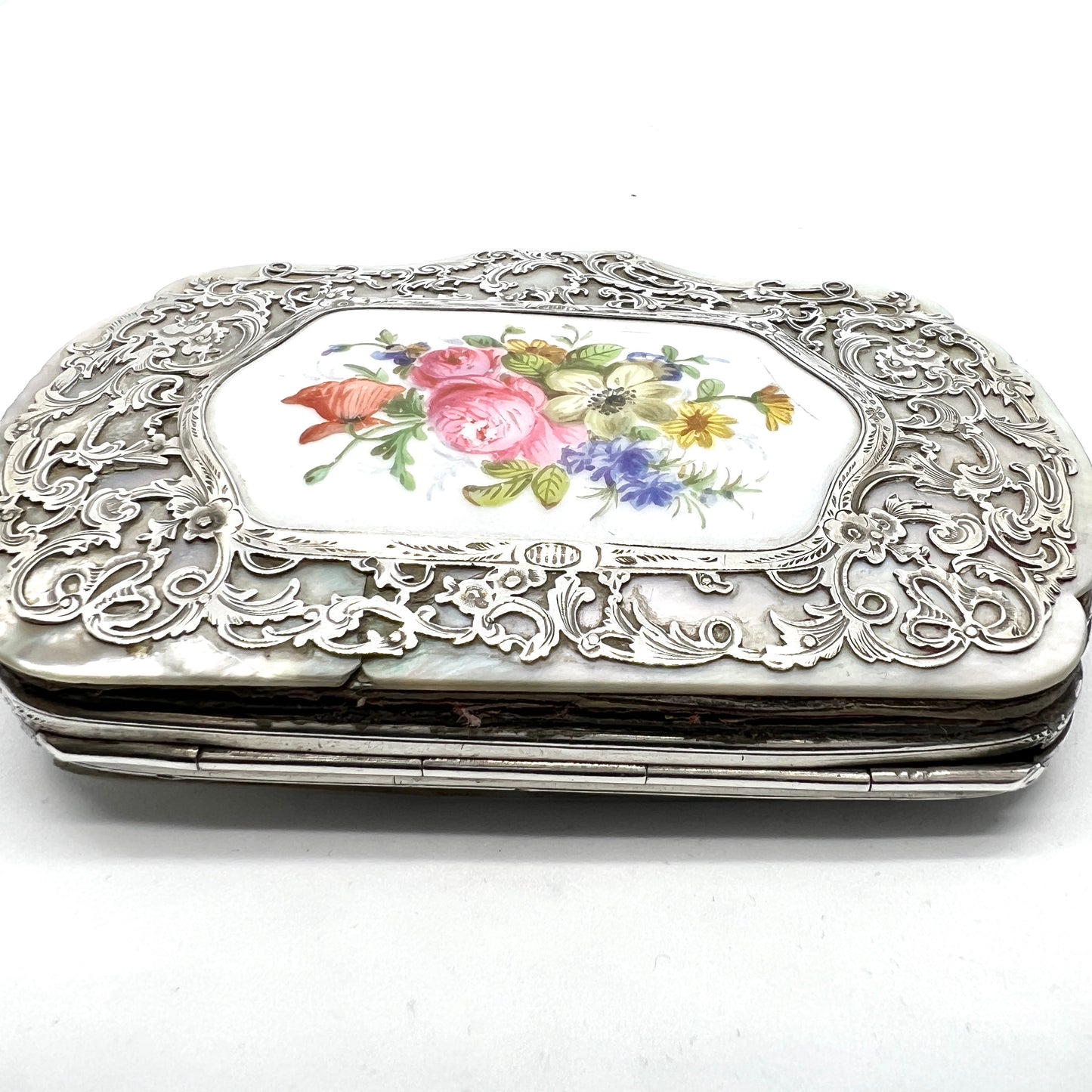 Antique Sterling Silver, MoP, Painted Porcelain Purse. "Nelly"