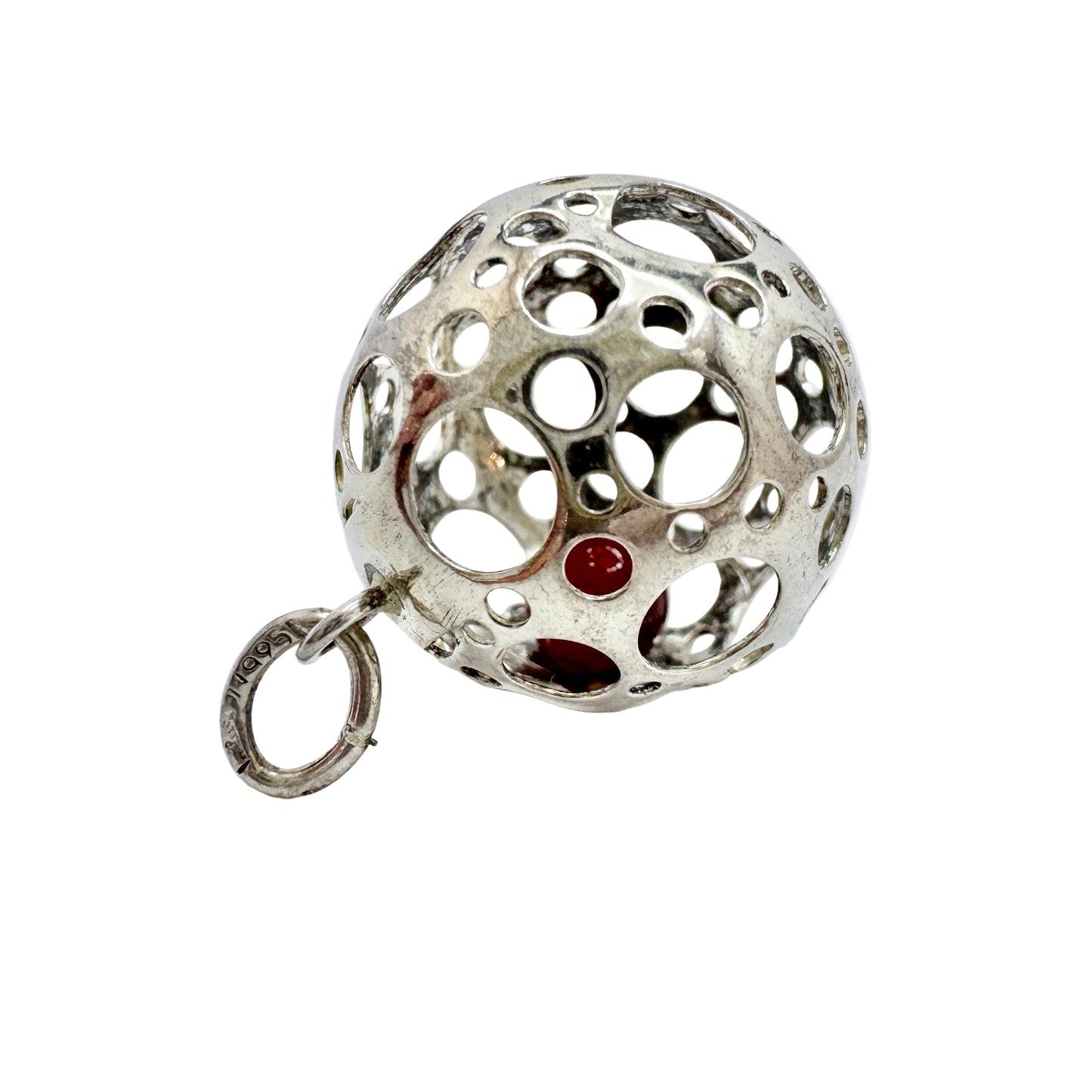 Liisa Vitali, Finland ca 1970. Vintage Sterling Silver Caged Carnelian Sphere Pendant.