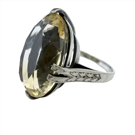 Antique c 1910. Solid Silver Pale Yellow Quartz Ring.