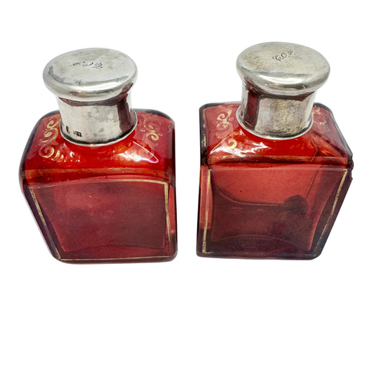 Stockholm 1858. Antique Victorian Ruby Glass Silver Top Pair of Perfume Bottles.
